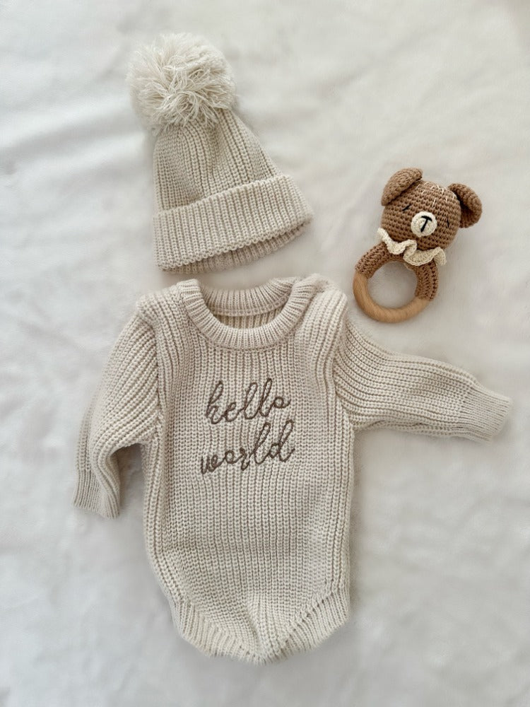 (Pre Order) Hello World Hat and Romper Set - Stone